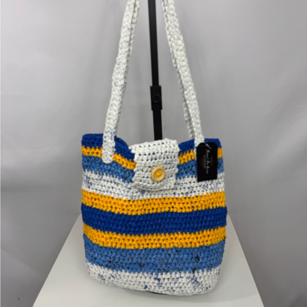 Repurposed Striped Fun Crochet Bag - Blue, Yellow, and White
